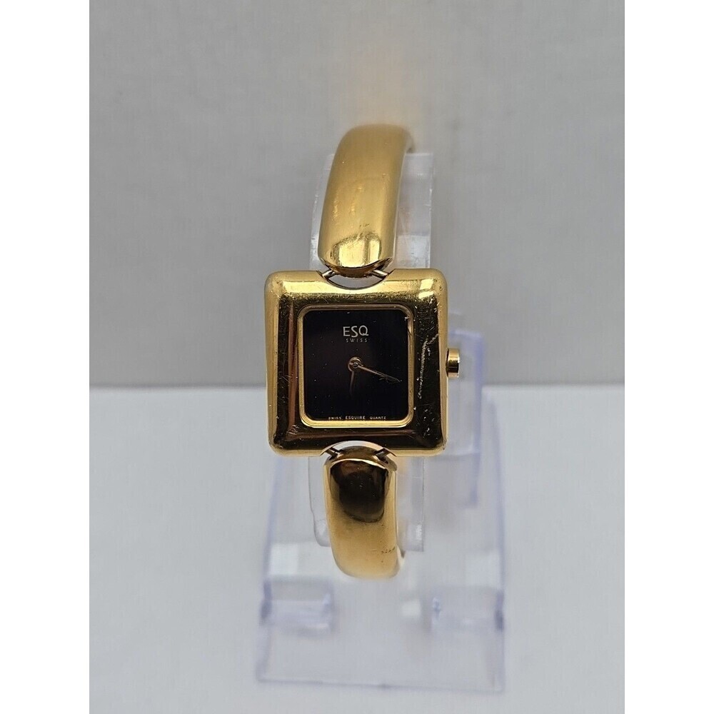 ESQ by Movado 100663 Gold Tone Bangle Cuff Watch Swiss Black Dial New Battery